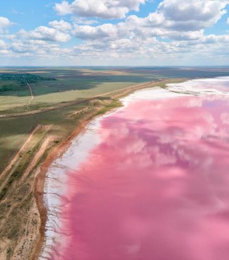 Pembe göl kıyısının güzel renkli dikey manzarası Bulutlu mavi gökyüzü.