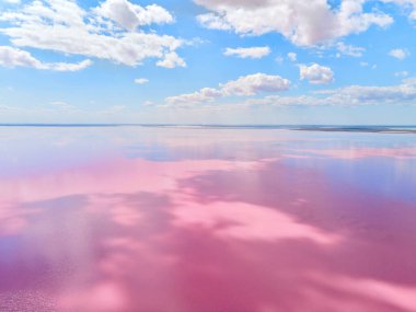 Sivash, Ukrayna 'nın pembe gölünün pürüzsüz su yüzeyinin panoramik güzel görüntüsü.