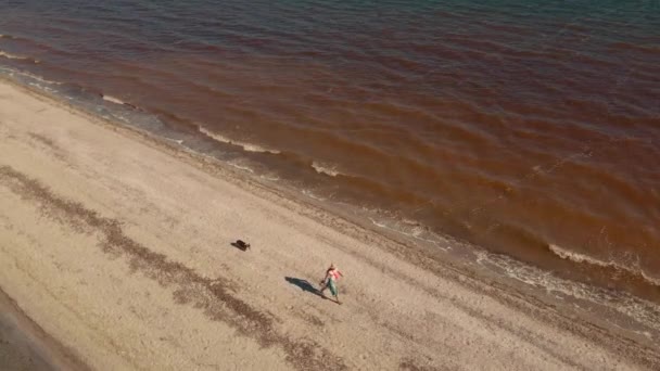 Deux personnes courent par plage de sable littoral barre de sable à Mykolaiv région, Ukraine. — Video