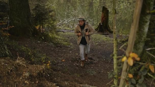 Avventuroso uomo in cappello con zaino trekking su sentiero tranquillo lussureggiante alta quota verde foresta autunnale. — Video Stock