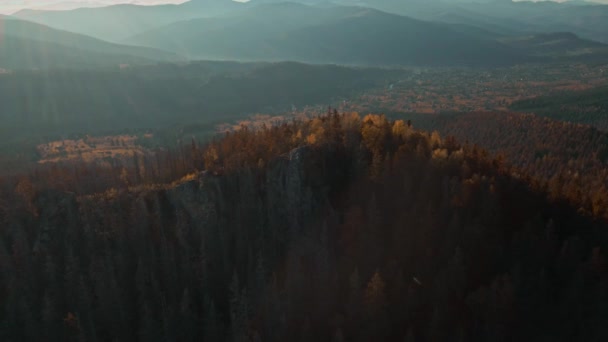強力なカルパチア山脈と美しい青空の背景に空中壮大な景色針葉樹林。野生の処女ウクライナの自然の美しさ。平和とは — ストック動画