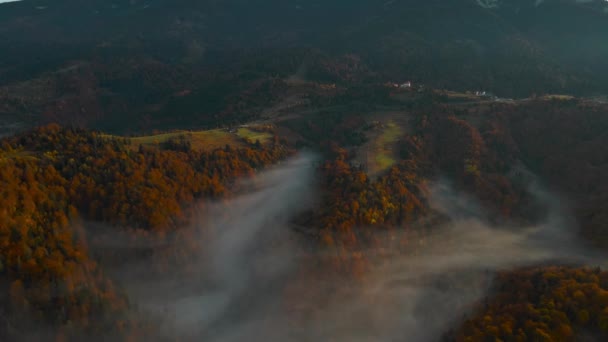 Політ безпілотника на сході сонця над красивим осіннім пейзажем гірського хребта з морем хмар в долині. вид зверху на дивовижні пагорби рано вранці — стокове відео