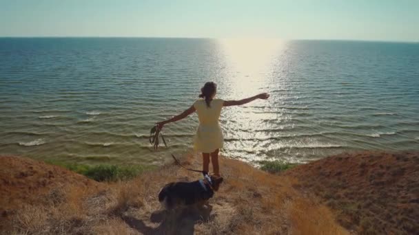 Rear view beautiful happy girl in yellow dress with cute pet Corgi dog, stands on clay hill with morning sunlight. Traveling with animals. traveling in Ukraine, Stanislav cliffs, Kherson region. — Video Stock