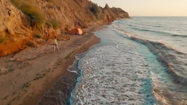 Donna corre da lunga spiaggia di sabbia con colline di argilla lungo il mare, cane carino segue ragazza. Aereo drone colpo di bel paesaggio marino nella regione di Odessa, Ucraina — Video Stock