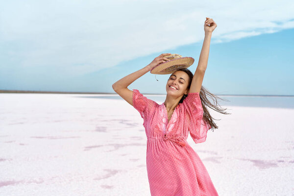 Portrait Carefree Pleased Woman Pink Dress Enjoying Travel Salt Flats Stock Picture