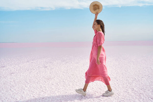 Side View Girl Walking Serenity Landscape Salt Flats Pink Lake Royalty Free Stock Images