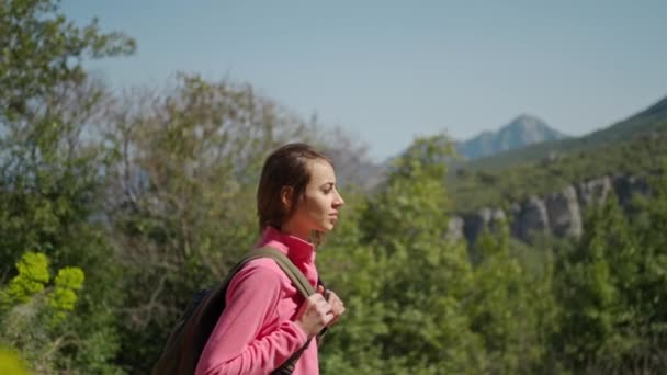 Slow Motion Jolie Jeune Femme Randonnée Pédestre Sur Beau Paysage — Video