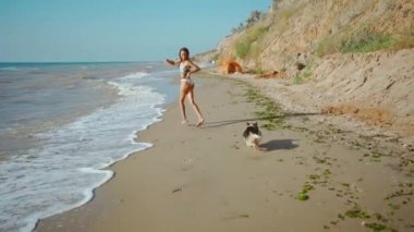 Yavaş çekimde, bikinili neşeli fitness kızı, yüksek dikenli kil sahilli kumsalda köpekle koşuyor. İyimserlik, iyimserlik, vücut pozitifliği ve mutluluk kavramı.