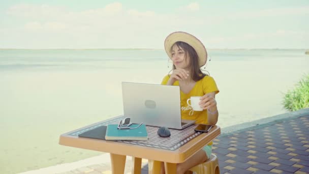 Mujer Freelancer Utilizando Ordenador Portátil Playa Por Mar Manos Escribiendo — Vídeos de Stock