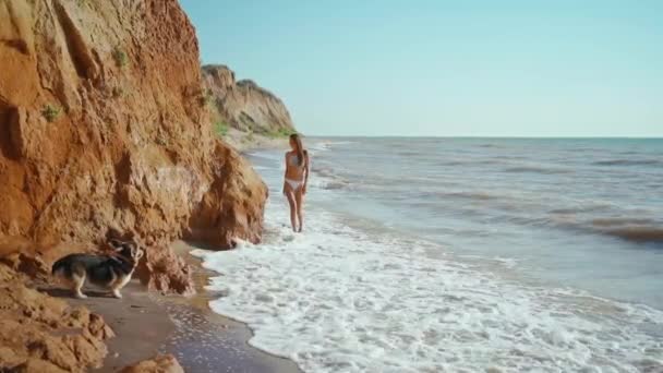 Imágenes Cámara Lenta Chica Sexy Fitness Bikini Caminando Largo Playa — Vídeo de stock