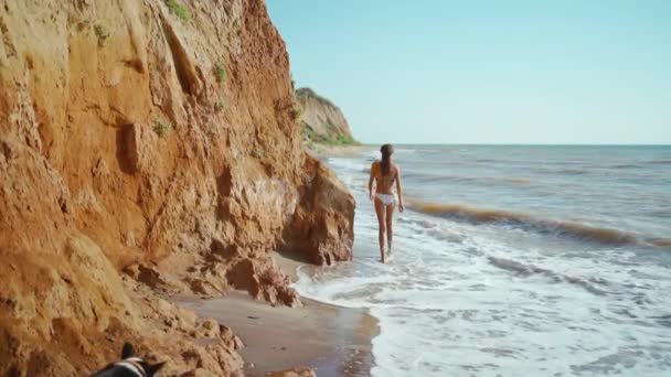 Vista Trasera Imágenes Cámara Lenta Sexy Chica Fitness Bikini Caminando — Vídeo de stock