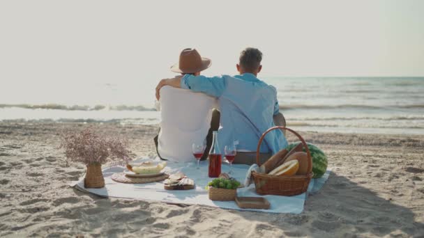 Homoseksualna Para Lgbt Geje Urządzający Piknik Plaży Siedzący Kocu Obejmujący — Wideo stockowe
