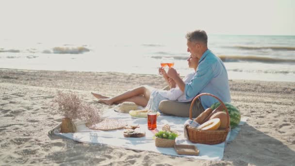 Sevecen Genç Çift Mutlu Karı Koca Rahat Piknik Battaniyesine Oturur — Stok video