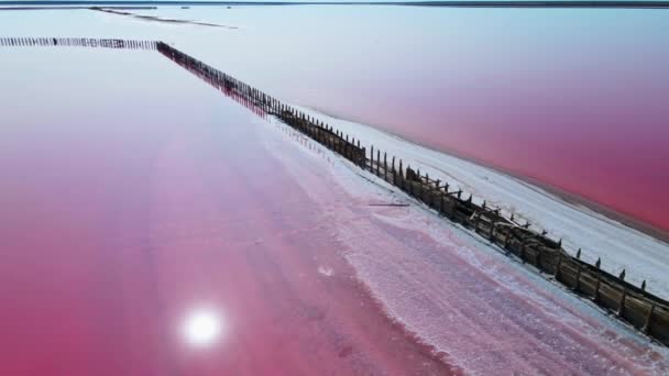 Bovenaanzicht Vanuit Lucht Stortingen Van Steenzout Het Roze Meer Evenals — Stockvideo