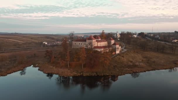湖の近くの丘の上に歴史的な城の空中ドローンショット 農村スヴィルジで中世の建築や文化的ランドマーク 秋の日にリヴィウウクライナの近く 観光地 観光地 — ストック動画