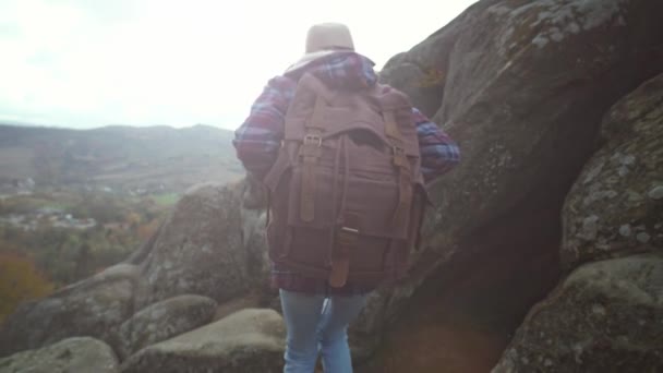Rückansicht Wanderin Freizeitkleidung Mit Rucksack Wandert Zum Rand Der Klippe — Stockvideo