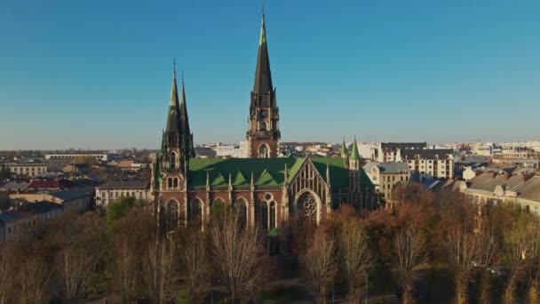 4K无人驾驶飞机飞越乌克兰利沃夫镇的圣奥尔加教堂和伊丽莎白老天主教大教堂历史中心的空中录像 欧洲古城的地标 — 图库视频影像