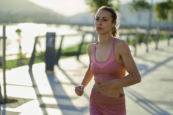 Portrait Fitness Healthy Woman Running Road Promenade Jogging Workout Wellness – stockfoto