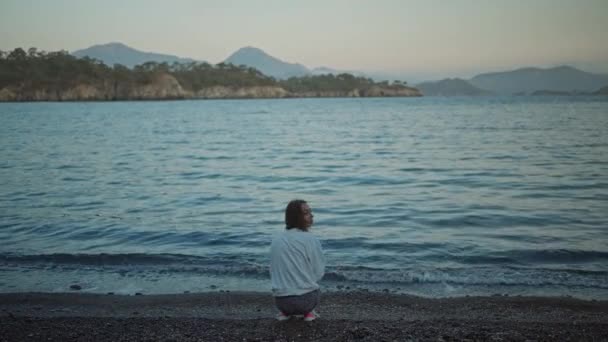 Panoramic View Beautiful Calm Sea Wild Solitary Pebble Beach Cliffs — Vídeo de Stock