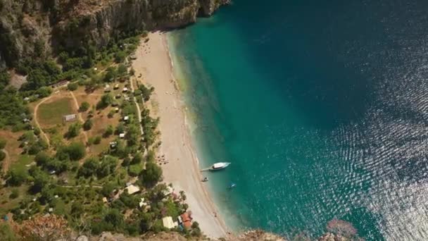 Wide Aerial Rural Coastal Beach Mediterranean Sea Known Butterfly Valley — Vídeo de Stock