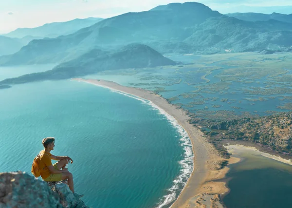 Beautiful Panoramic Landscape Iztuzu Beach View Hill Dalyan Turkey Man – stockfoto