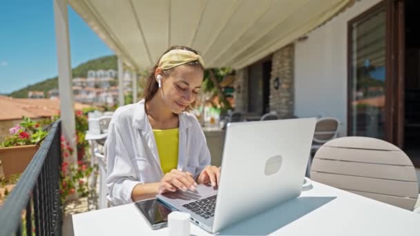 Slow Motion Freelancer Woman Using Laptop Computer Browsing Online Checking — Stockvideo
