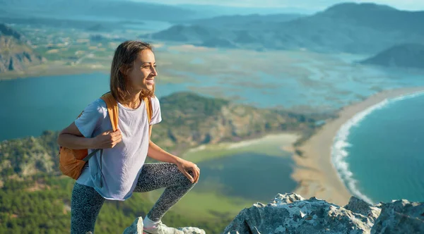 Panoramic Landscape Coastal Sea Bay Mountains Range Hiker Girl Top — kuvapankkivalokuva