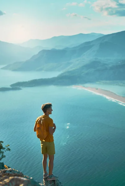 One Young Male Hiker Enjoying Vacation Outdoors Rock Looking Coastal — kuvapankkivalokuva
