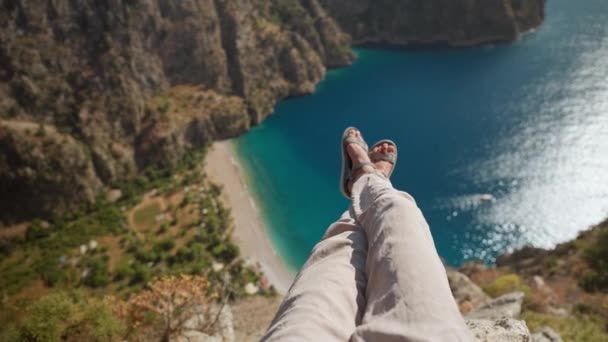 Pov First Person View Womans Legs Beautiful Butterfly Valley Bay — Wideo stockowe