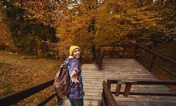 Bright Orange Autumn Landscape Woods Laughing Millennial Woman Hiker Checkered — Foto de Stock