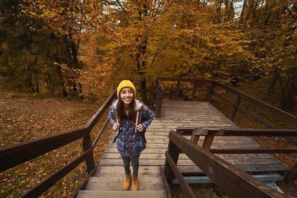 Young Girl Tourist Standing Wooden Hiking Path National Park Hiking — Foto de Stock