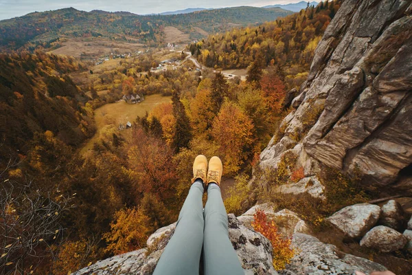 First Person View Image Woman Legs Hiking Boots Cliff Edge — 스톡 사진