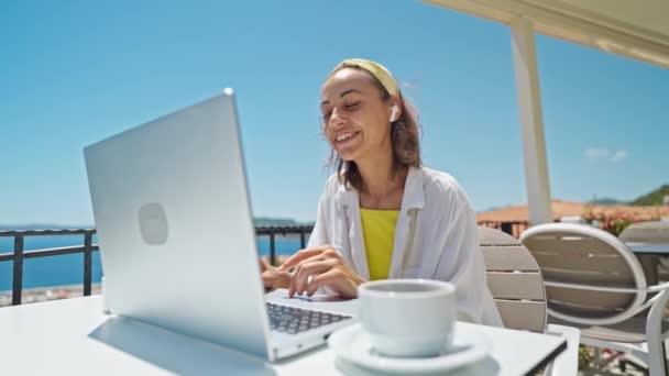 Happy Woman Earphones Laughing Speaking Someone Laptop Outdoors Summer Terrace — Stockvideo