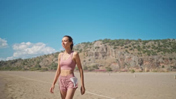 Young Active Sporty Athlete Smiling Woman Taking Break Making Running — Stok video