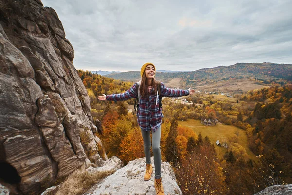 Portrait Young Millennial Traveller Checkered Jacket Yellow Beanie Hat Standing — 스톡 사진