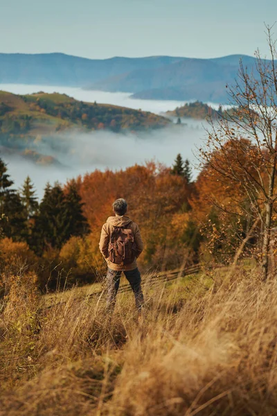 Rear View Male Hiker Backpack Stands Mountain Meadow Early Morning — Foto Stock