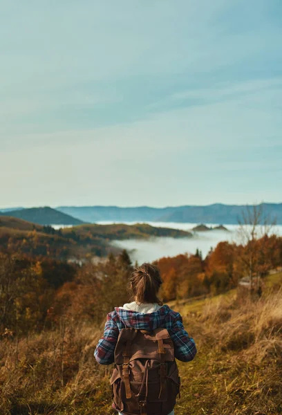 Rear View Woman Hiker Backpacker Wearing Checkered Jacket Enjoying Beautiful – stockfoto