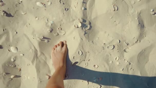 Pov First Person View Female Feets Walking White Sand Shells — Stock Video