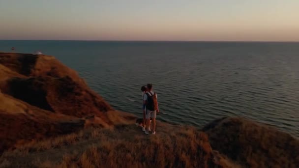 幸せな女性と男の空中映像が立っていて 丘の上でキスをし 夕日のパノラマビューをウェルシュコーギー犬と一緒に楽しみます 自然の中で冒険を楽しむ美しい喜びの人々 クリップにはノイズが — ストック動画