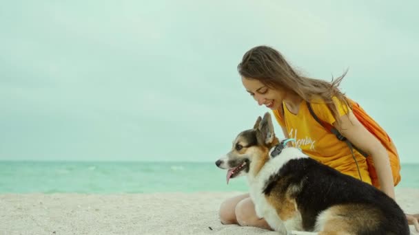Attractive Young Woman Spending Time Together Her Pet Cute Corgi — Video