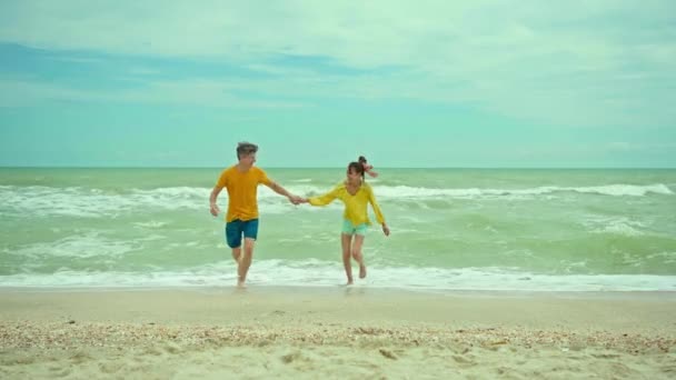 愛の男性と女性の幸せな肯定的な笑顔の若いカップルが海を振って 抱擁し 夏にキスに近い砂浜を歩いています 男は女の子を手に取って旋回させ — ストック動画
