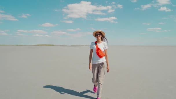 Mulher Viajante Feliz Óculos Caminha Fundo Seco Lago Sal Parece — Vídeo de Stock