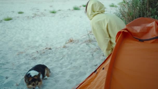 Beautiful Ukrainian Woman Orange Camping Tent Admiring Morning Sunrise Traveling — стоковое видео