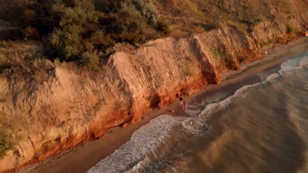 Riprese Aeree Uomini Che Corrono Mattino Presto Lungo Riva Del — Video Stock