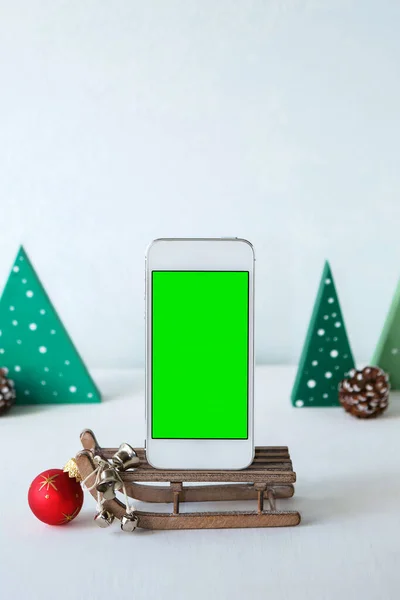 Boże Narodzenie Zakupy Online Zamów Prezenty Smartfona Dekoracje Dekoracyjne Tle — Zdjęcie stockowe