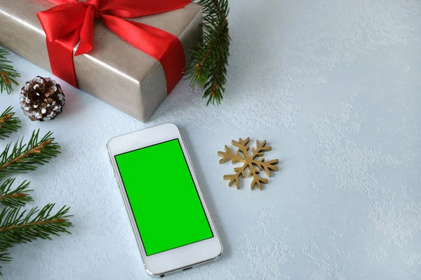 Boże Narodzenie Zakupy Online Zamów Prezenty Smartfona Miejsca Kopiowania Zielony — Zdjęcie stockowe