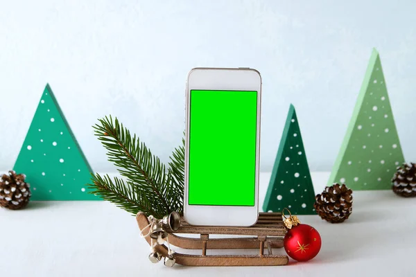 Boże Narodzenie Zakupy Online Zamów Prezenty Smartfona Dekoracje Dekoracyjne Tle — Zdjęcie stockowe
