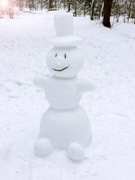 Kleine Glimlachende Sneeuwpop Met Hoge Hoed Buiten Winterdag Mobiele Foto — Stockfoto