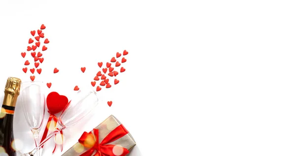 Valentine Day Background Gift Box Red Hearts Two Champagne Glasses — Foto Stock