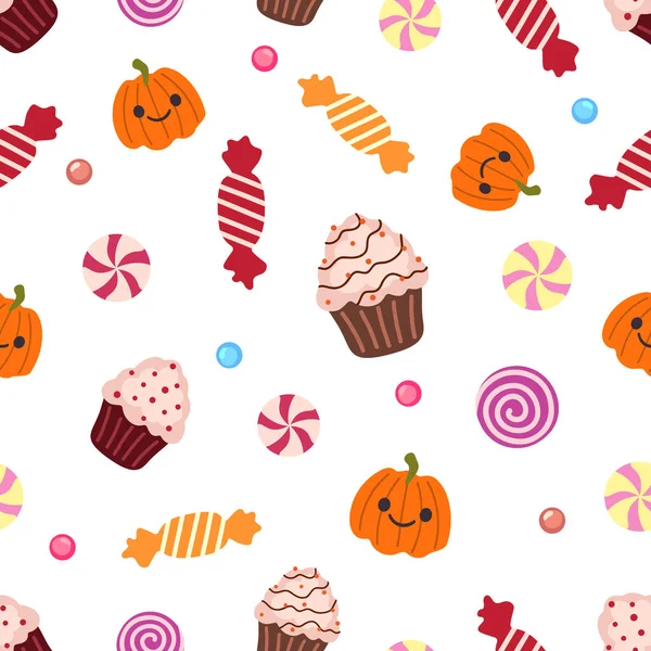 Φιλική Κολοκύθα Cupcakes Γλάσο Και Πασπαλίσματα Chocalate Και Καραμέλα Καραμέλα — Διανυσματικό Αρχείο